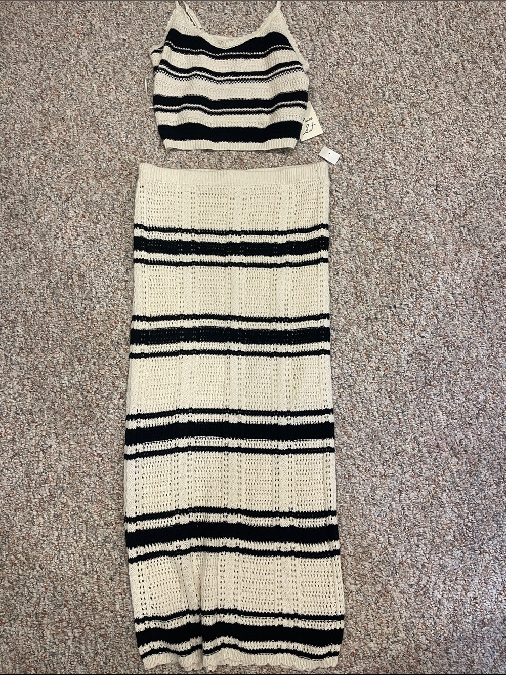 Striped Knit Crop Top & Maxi Skirt Set in Cream and Black